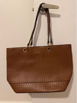 GUESS Tan Monogram Tote Bag | Large Shoulder Purse | Gold Hardware