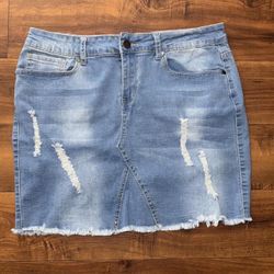 Bright Blue Distressed Denim Mini Skirt 💙 Raw Hem, Stretch Fit, Y2K Summer Vibes, Tagged XL Fits L, Festival Baddie Staple 