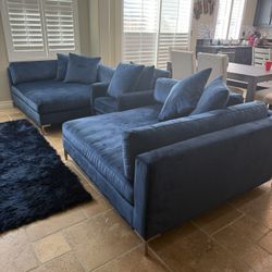 Blue Velvet/Velour Sofa Set W/Chair