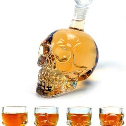 Wine Decanter Set Skull Carafe with Stopper, Set of 5 (1 Large Skull Face Decanter with 4 Skull Shot Glasses)