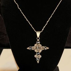 Large Sterling Silver Black Cats Eye Cabochon Gemstone Cross Pendant& sterling Silver Necklace