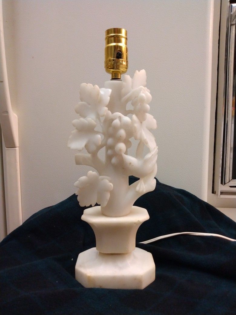 Carved Grapes Leaves And Bird Alabaster Lamp