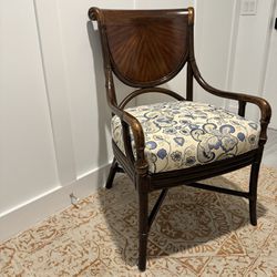 MAHOGANY ACCENT CHAIR  WITH BLUE DAMASK SEAT COVER