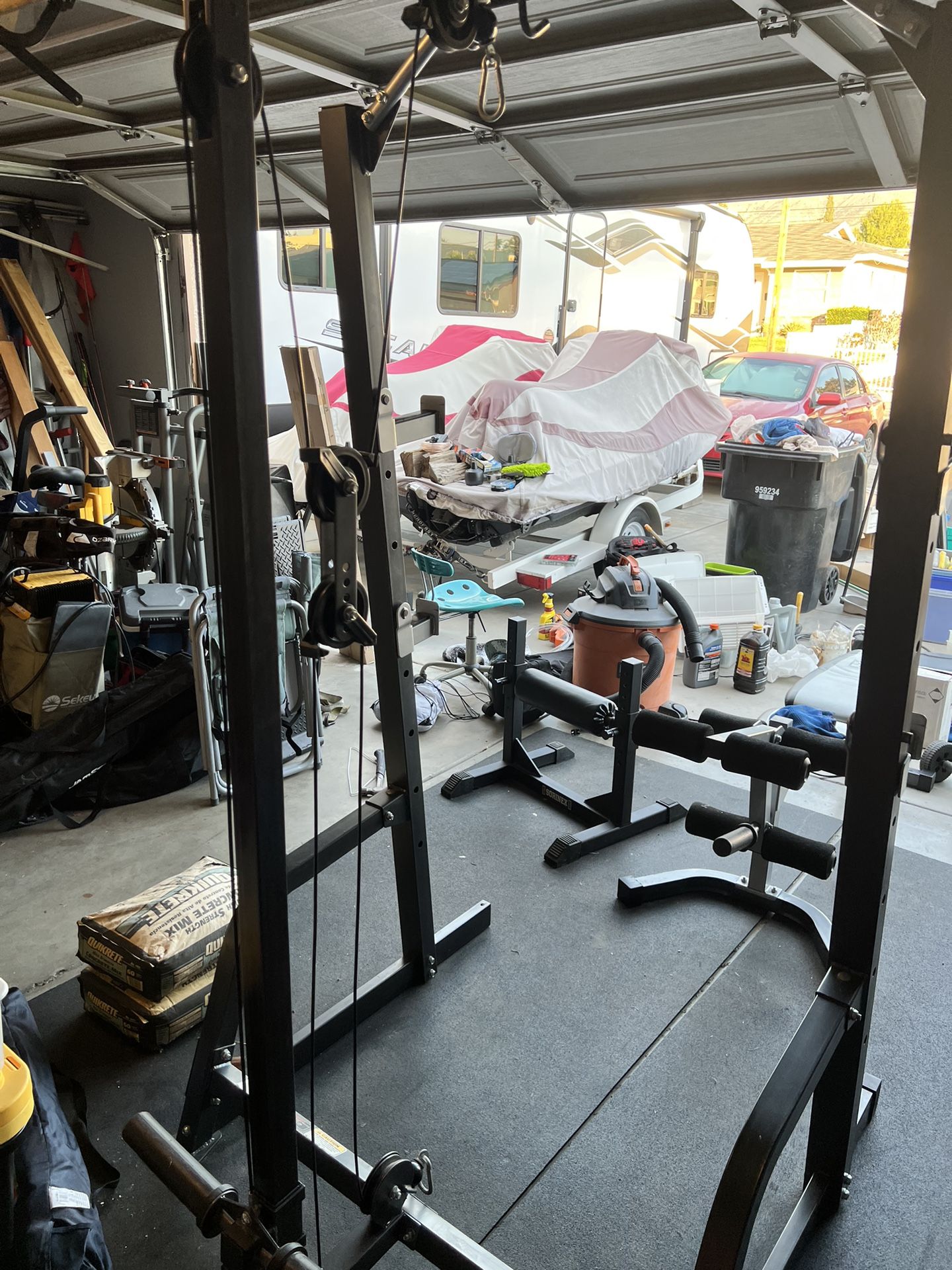 Squat Rack w/ Pulleys + Lifting Equipment