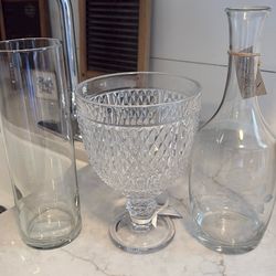 Crystal Footed Diamond Cut Bowl, Etched Floral Carafe/ Vase & Tall Glass Cylinder