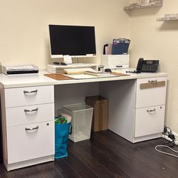 White Office Desk 2 Side Cabinet