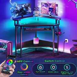 Triangle Corner Desk W/ LED Lights Power Strip Monitor Stand Keyboard Tray