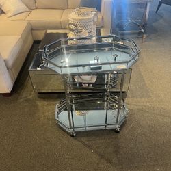 Tea Cart: Chrome Octagon Shape Tea Cart W/ 2 Mirrors SKU 9K7S1E