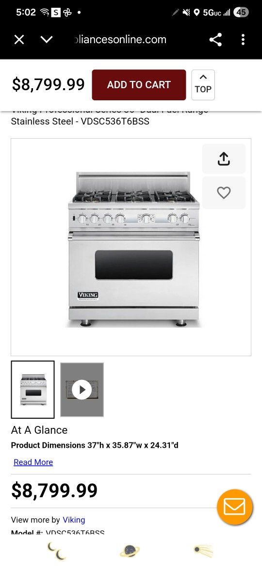 Viking Professional Series 36" Dual Fuel Range - Stainless Steel