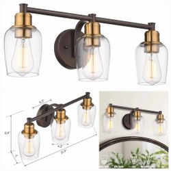 3070: Emliviar Farmhouse Bathroom Light Fixture, 3-Light Vanity Light Fixture with Clear Glass, Oil Rubbed Bronze and Gold Finish