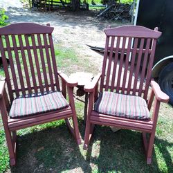 Pair Of Wooden Rocking Chairs And Table