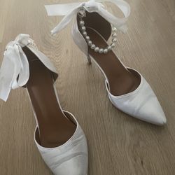 White High Heels With Pearl Anklet And Satin Back Tie Size 6
