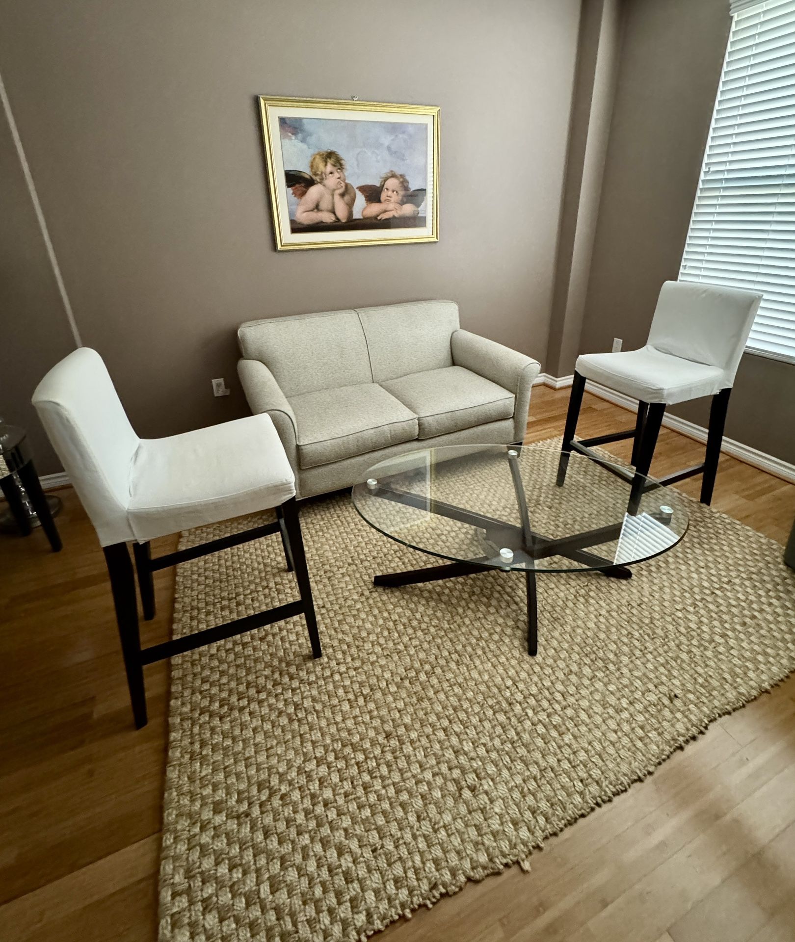 Love Seat, Glass Coffee Table And 2 Bar Stools