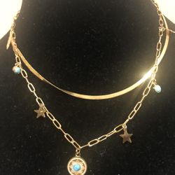 Triple-Tier Goldtone Necklace Set With Bead Accents Of Simulated Turquoise 