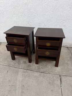 Pair of Dark Wood Nightstands with Brass Hardware