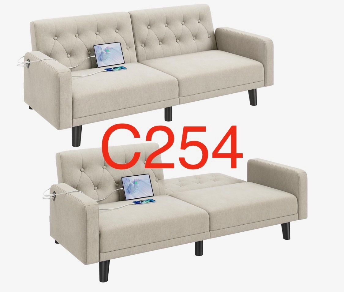 C254. 63" Convertible Couch Small Futon Sofa Bed with 2 USB Ports