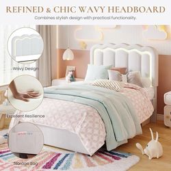 C28 $90  Twin Size Bed Frame with LED Lights and Storage Drawer, White Upholstered Velvet Platform Bed with Adjuatable Wavy Headboard, Noise-Free, Eas