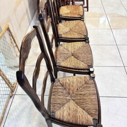Vintage French Ladder Back Set of 4 Rush Seat Dining Chairs