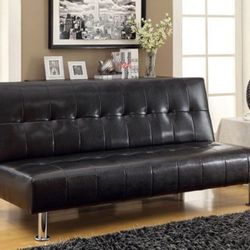 Brand New Black Chrome Leatherette Futon Sofa Converts Into Bed 