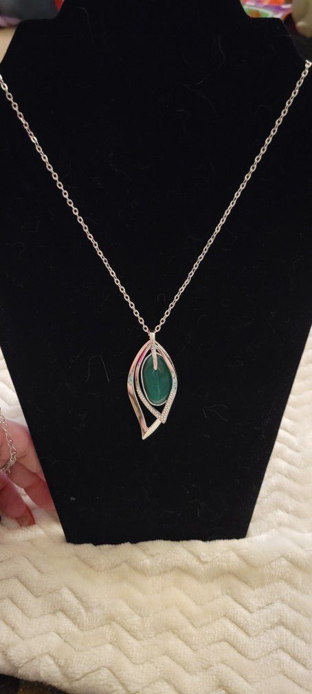 Long Necklace. Green Moonstone With Clear Rhinestones