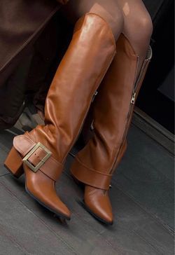 Tan Leather Knee-High Boots with Buckle