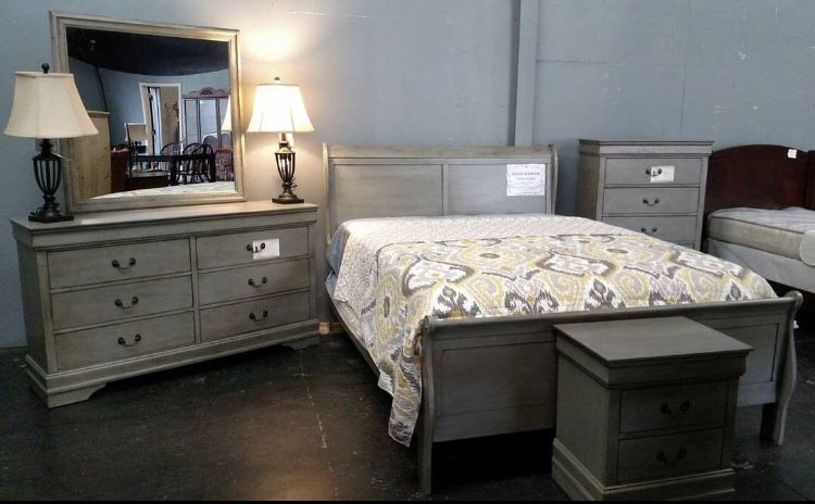Louis Gray Queen, king, twin, full bedroom set - bed frame- tall dresser, nightstand and chest, mattress options