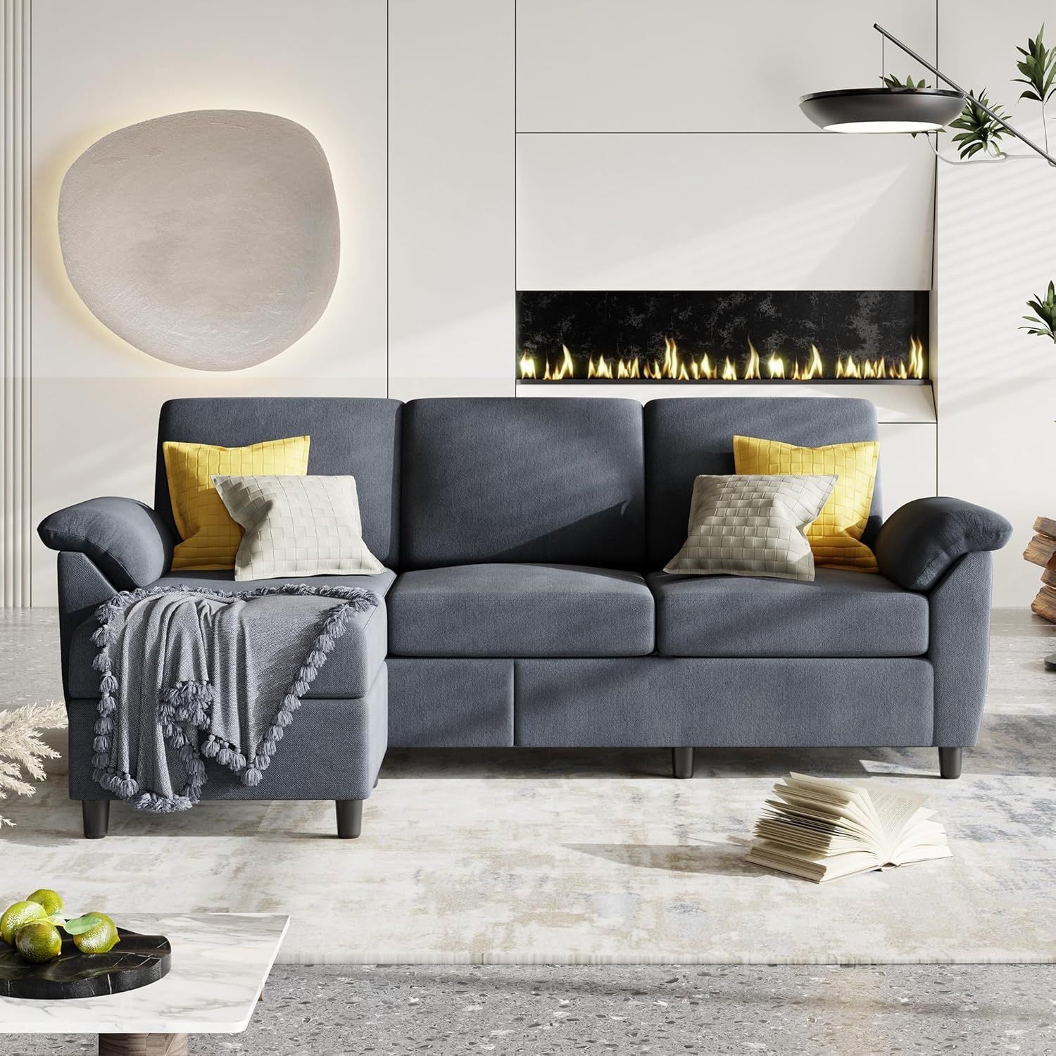 New Mid Century Modular Sofa, 3 Seat by er L Shape Sectional Couch with Removable Pillows, Linen Fabric, Mid Century Small Sofa for Living Room, Apart