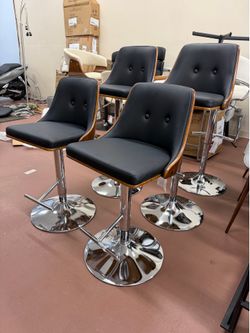 Swivel adjustable Barstools Set Of 4 - Mid-Century Modern Chrome & Walnut With Black Leather