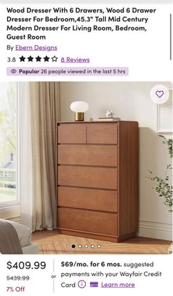 Mid century solid wood 6-drawer dresser