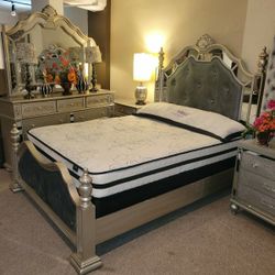 Silver Gray Poster Queen Bed + Dresser Mirror + Nightstand