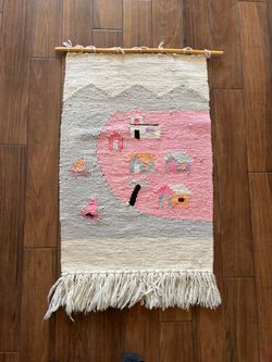 Southwest Handmade Art Tapestry Girls Wall Art Village Pink Wool Woven 28” x 48”