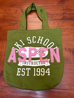 Old Navy NWOT Aspen Ski School Olive Green Tote Bag Pink Applique Canvas