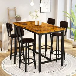 43.3” Dining Table Set for 4, Rectangle Bar Table with 4 PU Leather Backrest Stools, Pub Dining Room Table Set for Kitchen, Bar, Breakfast Nook, Small
