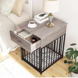 Dog Crate Furniture, Wooden Dog House, Decorative Dog Kennel with Drawer, Indoor Pet Crate End Table for Small Dog, Steel-Tube Puppy Cage, Chew-Proof