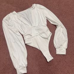 New Medium White Long Sleeve Bodysuit Top Blouse 