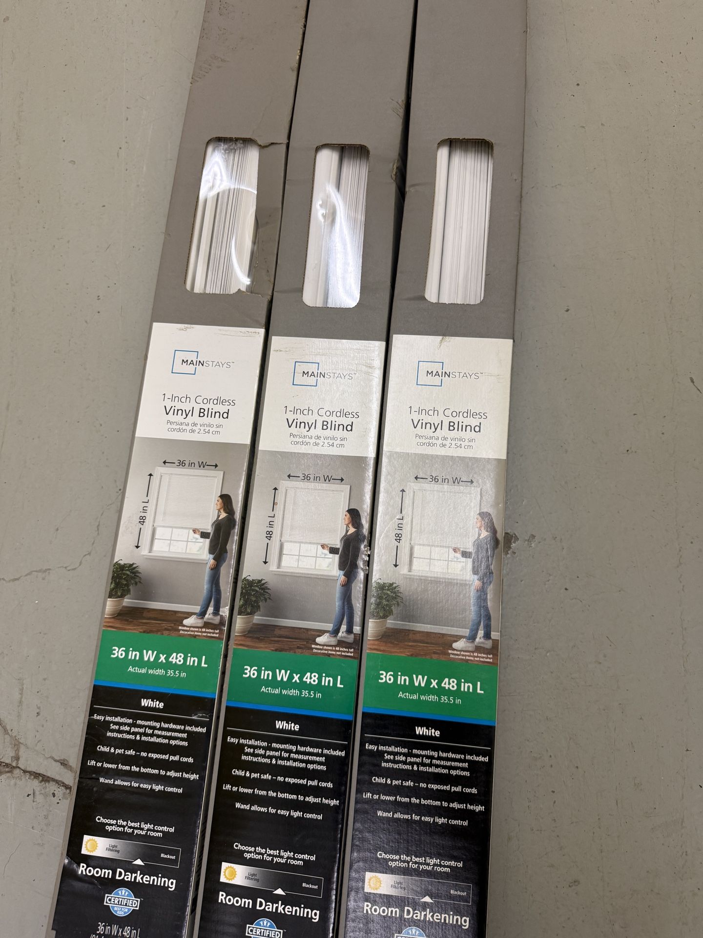 3-Pack Mainstays 36” x 48” Cordless Vinyl Blinds – White (Room Darkening)