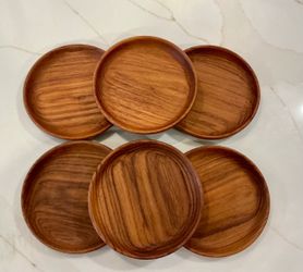 6 teak 6” round Danish plates by Kay Bojesen