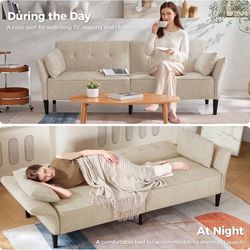 89” Futon Sofa Bed, Velvet Fabric Comfy Futon Couch Bed with 2 Square Pillows, Convertible Sleeper Sofa with Adjustable Backrest& Armrests, Modern Lov