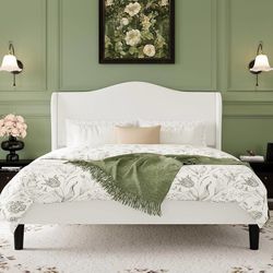 Full Size Bed Frame with Curved Wingback Headboard,Soft White Modern Luxury Design Velvet Platform Bed with Sturdy Wooden Slats,Noise-Free, No Box Spr