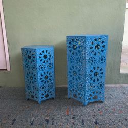 Teal crackle-finish iron accent side table set
