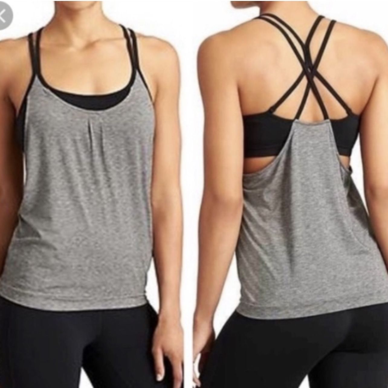 ATHLETA Black Grey Shadow Stripe Energize Slouch Criss Cross Strap Tank Top
