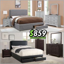 4pcs King Size Bedroom Set w. Mattress Included 