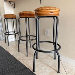 Set of 3 Vintage Mid-Century Rattan Stools