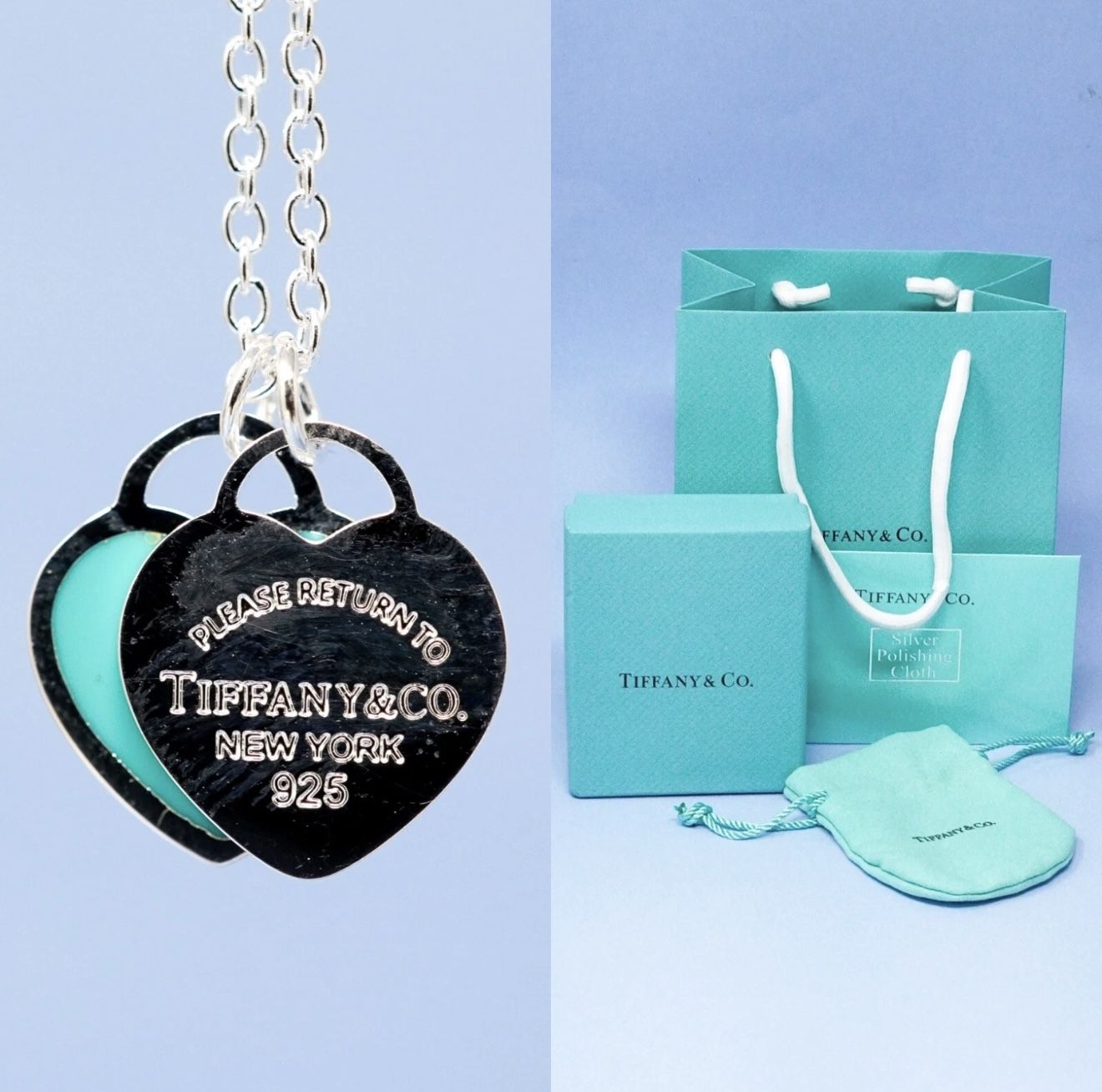 Tiffany & Co. Necklace Silver Tone Blue Double Heart Tag Pendant With Gift Box