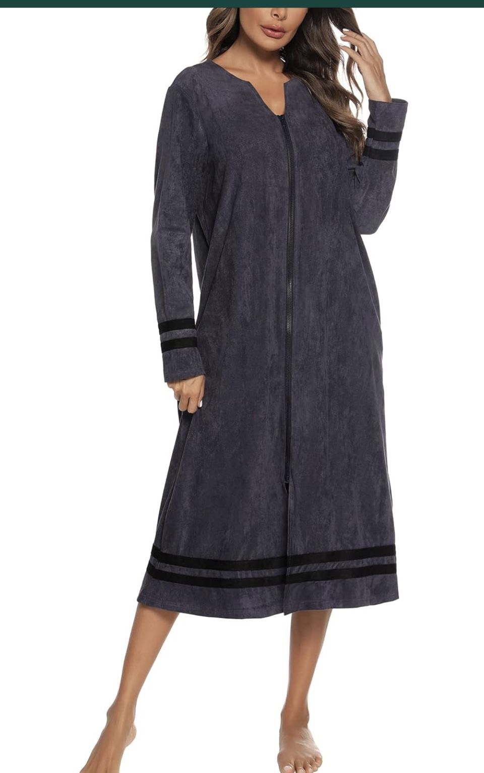 Vslarh Women Zipper Front Robes Long Sleeve Nightgown House Coat with Pockets