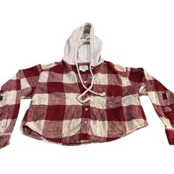 American Eagle Red Beige Button Up loose Cropped Jacket Hoodie Women’s Size XS