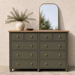 Olive Green 10 Drawer Dresser w/ Wood Top
