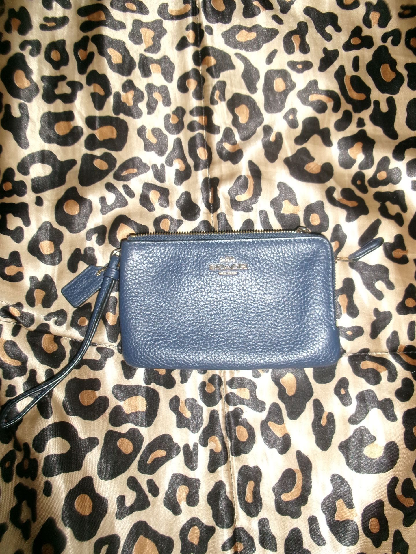 denim  blue coach double zip wallet