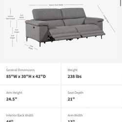 Dark Grey 85" Power Reclining Sofa with Adjustable Headrest & 2 USB 