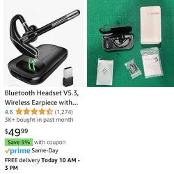 Evanbel Bluetooth Headset V5.3 Wireless Earpiece Hands Free Noise Canceling Headphones 